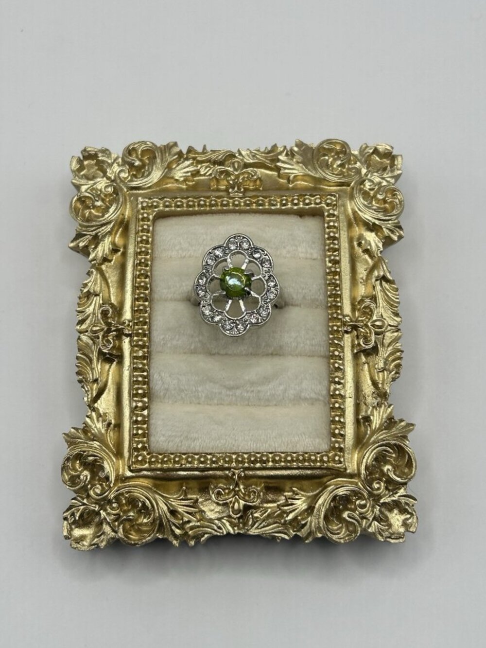 Silver Tone Green Rhinestone Flower Ring Size 8 Vintage Style Costume Jewelry